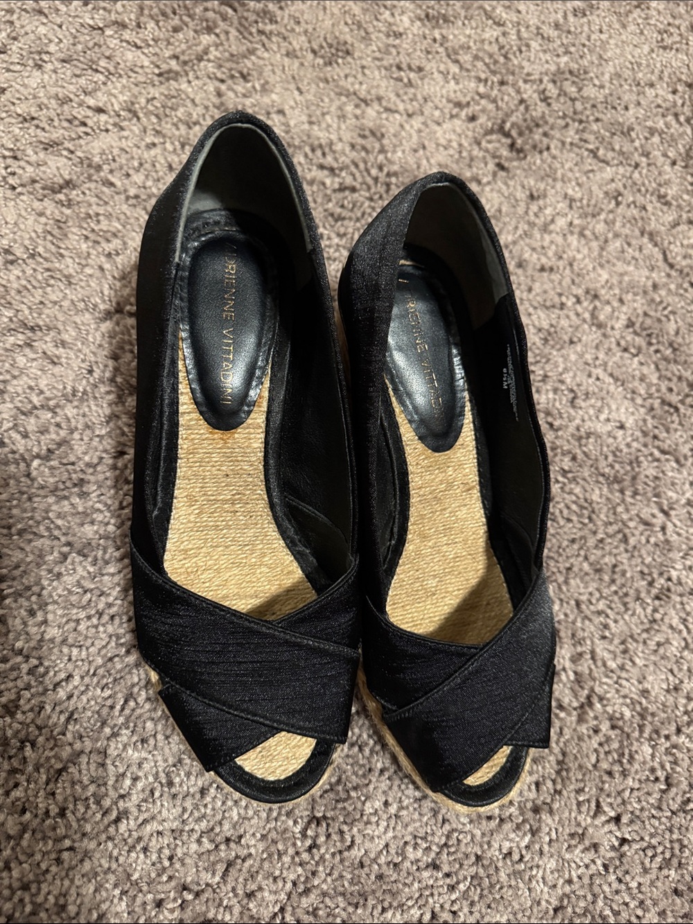 Adrienne Vittadini Black Women's Peep-Toe Espadrille Wedges
